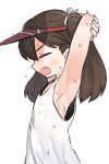  1girl armpits arms_up bare_shoulders black_hair blush closed_eyes commentary_request fang from_side highres kantai_collection lakilolom open_mouth profile red_headwear ryuujou_(kantai_collection) simple_background solo stretch sweat tank_top twintails upper_body visor_cap white_background white_tank_top 