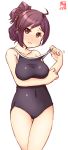  1girl adjusting_clothes ahoge alternate_costume alternate_hairstyle artist_logo blue_swimsuit blush breast_hold breasts brown_eyes collarbone competition_school_swimsuit covered_navel cowboy_shot dated eyebrows_visible_through_hair hagikaze_(kantai_collection) highres kanon_(kurogane_knights) kantai_collection long_hair looking_at_viewer medium_breasts one-piece_swimsuit open_mouth ponytail purple_hair school_swimsuit simple_background smile solo swimsuit 