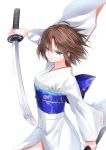  1girl ahoge blue_eyes breasts brown_hair commentary_request cowboy_shot eyebrows_visible_through_hair fate/grand_order fate_(series) hair_between_eyes holding holding_sword holding_weapon japanese_clothes katana kimono long_sleeves looking_at_viewer medium_breasts ryougi_shiki short_hair simple_background solo sword waka_(shark_waka) weapon white_background 