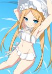  1girl abigail_williams_(fate/grand_order) abigail_williams_(swimsuit_foreigner)_(fate) armpits arms_up bangs bare_shoulders bikini blonde_hair blue_eyes blush bonnet bow breasts fate/grand_order fate_(series) forehead hair_bow long_hair looking_at_viewer miniskirt navel parted_bangs sidelocks skirt small_breasts smile swimsuit toshishikisai twintails very_long_hair white_bikini white_bow white_headwear 
