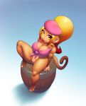  anthro barrel big_breasts blonde_hair breasts brown_body brown_fur cleavage clothed clothing cosplay dixie_kong donkey_kong_(series) eyelashes female fur genitals hair haplorhine hat headgear headwear hi_res lipstick long_hair looking_at_viewer makeup mammal monkey nintendo nitro partially_clothed ponytail primate pussy short_stack sitting solo sonyu_tainkong thick_thighs video_games 