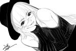  1girl bangs bare_shoulders chin_rest dated elbow_rest eyebrow hait lipstick long_hair long_sleeves looking_at_viewer makeup monochrome original ribbed_sweater simple_background sketch smile sweater warabino_matsuri 
