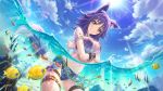  1girl animal_ears beach bikini blue_sky cloud coral crop_top fish makoto_(princess_connect!) navel ocean official_art outdoors partially_submerged princess_connect! princess_connect!_re:dive purple_hair sky submerged swimsuit tail water wolf_ears wolf_girl wolf_tail yellow_eyes 