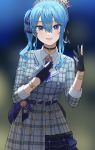  1girl :d belt blue_belt blue_eyes blue_gloves blue_hair blue_nails bracelet collared_shirt dress eyebrows_visible_through_hair gloves grey_headwear hair_between_eyes hand_on_own_chest hat highres hololive hoshimachi_suisei jewelry looking_at_viewer nhaliz open_mouth partly_fingerless_gloves plaid plaid_dress plaid_headwear plaid_jacket shirt side_ponytail sidelocks smile star_(symbol) star_in_eye symbol_in_eye virtual_youtuber 
