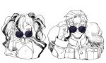  1boy 1girl adjusting_eyewear animal_ears arknights breasts cleavage cleavage_cutout fate/grand_order fate_(series) feater_(arknights) hekate jacket jacket_on_shoulders li_shuwen_(fate) monochrome panda_ears red_eyes smile spot_color sunglasses twintails 