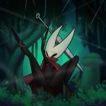  1:1 anearbyanimal anthro anus blush breasts cloak clothing embarrassed entangled female forest genitals hi_res hollow_knight hornet_(hollow_knight) pussy restrained small_breasts solo suspended_in_midair team_cherry tree video_games weapon 