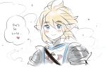  1boy ahoge armor aubz bangs blue_eyes blush closed_mouth english_text hair_between_eyes heart link male_focus pointy_ears shoulder_armor sidelocks simple_background smile solo the_legend_of_zelda the_legend_of_zelda:_breath_of_the_wild thought_bubble upper_body white_background 