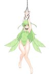  1girl absurdres arms_up ass_visible_through_thighs bare_arms bare_legs bare_shoulders barefoot black_souls breasts chain cleavage closed_mouth fairy fairy_wings green_eyes green_hair green_leotard green_wings heart heart-shaped_pupils highres leaf_(black_souls) leotard pointy_ears ribbonsnek simple_background small_breasts smile solo straight_hair symbol-shaped_pupils white_background wings 