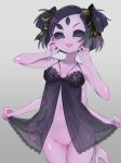  babydoll black_eyes black_hair bottomless breasts extra_arms extra_eyes fang gradient gradient_background hair_ribbon highres lingerie muffet navel one_eye_closed purple_skin ribbon shiny shiny_skin short_hair small_breasts twintails undertale underwear wide_hips 