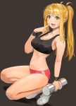  1girl absurdres black_background blonde_hair breasts buruma collarbone commentary_request dumbbell dumbbell_nan_kilo_moteru? eyebrows_visible_through_hair full_body green_eyes highres holding looking_at_viewer medium_breasts midriff navel open_mouth sakura_hibiki shoes simple_background solo stomach tama_(monster1553) tank_top teeth tongue twintails 