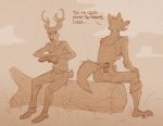  2020 absurd_res anthro antlers beastars canid canine canis cervid clothed clothing cloud colt3n dark_humor dialogue duo english_text fully_clothed fur grass gun hi_res holding_gun holding_object holding_weapon horn legoshi_(beastars) log louis_(beastars) magazine male mammal monochrome open_mouth open_smile outside ranged_weapon shirt sitting sky smile tank_top text topwear weapon wolf wood 