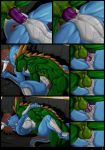  anthro anthro_on_anthro anus balls blue_body bodily_fluids breasts brown_hair butt comic detailed_background dialogue dragon duo eyes_closed fangs female female_penetrated genital_fluids genitals green_body green_eyes grey_body hair horn interspecies lizard looking_pleasured lying male male/female male_penetrating male_penetrating_female missionary_position multicolored_body muscular muscular_anthro muscular_female muscular_male on_back open_mouth penetration penis pussy pussy_juice reptile saruuk scalie sex tongue tongue_out two_tone_body vaginal vaginal_penetration vein veiny_penis 