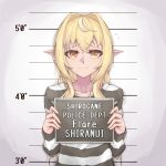  bangs blonde_hair brown_eyes character_name collarbone commentary_request elf frown furrowed_eyebrows hair_intakes hair_over_shoulder holding holding_sign hololive long_hair multicolored_hair orange_eyes pointy_ears prison_clothes shiranui_flare sidelocks sign streaked_hair sweatdrop uchukurage_san upper_body virtual_youtuber 