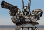  aiming av-98_ingram_unit_2 close-up gun handgun holding holding_gun holding_weapon kidou_keisatsu_patlabor mecha no_humans pistol police revolver solo visor weapon yamada_yuuji 