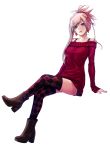  1girl applekun argyle argyle_legwear asymmetrical_hair black_shorts blue_eyes boots brown_footwear casual collarbone crossed_legs dress earrings fate/grand_order fate_(series) hair_ornament hair_scrunchie invisible_chair jewelry long_hair long_sleeves looking_at_viewer miyamoto_musashi_(fate/grand_order) nail_polish off-shoulder_sweater off_shoulder parted_lips pink_hair pink_nails red_scrunchie red_sweater scrunchie short_shorts shorts shorts_under_dress simple_background sitting solo sweater sweater_dress thighhighs tied_hair white_background zettai_ryouiki 