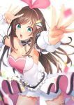  1girl absurdres armpits bare_shoulders blue_eyes blurry breasts brown_hair choker cleavage cowboy_shot depth_of_field detached_sleeves foreshortening frilled_choker frills hairband highres jewelry kitazume_kumie kizuna_ai kizuna_ai_inc. long_hair looking_at_viewer medium_breasts multicolored_hair open_mouth outstretched_arm ring shirt short_shorts shorts solo standing strapless strapless_shirt streaked_hair v-shaped_eyebrows virtual_youtuber white_background white_shirt white_shorts 
