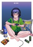  1girl :o bangs barefoot black_shorts blue_eyes blue_hair book_stack border can cellphone chips controller deca_purio food game_controller glasses green_shirt hair_ornament hairclip headphones headset highres long_hair open_mouth original phone pillow playing_games potato_chips red-framed_eyewear shirt short_shorts short_sleeves shorts sidelocks sitting smartphone t-shirt thighs toes white_border 