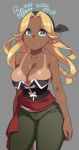  1girl 2020 agawa_ryou artist_name bare_shoulders blonde_hair breasts cleavage commentary dark_skin dated green_eyes green_pants grey_background large_breasts long_hair looking_at_viewer original pants signature simple_background solo tan tanline 