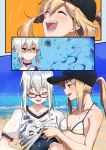  2girls absurdres ahoge artoria_pendragon_(all) baseball_cap beach blonde_hair blue_eyes blue_sky blush border braid eyebrows_visible_through_hair fate/grand_order fate_(series) from_behind glasses grey_hair hair_between_eyes hat highres huge_filesize looking_at_viewer looking_back multiple_girls mysterious_heroine_x_(alter) ocean open_mouth sky solo suppa_(hagakuresuppa) wet yellow_eyes 