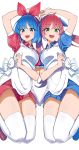 2girls absurdres arm_up bangs blue_eyes blue_hair blue_ribbon blue_shirt blue_shorts bow bow_hairband eyebrows_visible_through_hair green_eyes hair_bow hair_ribbon hairband heart_arms heart_arms_duo highres long_hair multiple_girls omega_rei omega_rio omega_sisters omega_symbol open_mouth pink_hair puffy_short_sleeves puffy_sleeves red_hairband red_ribbon red_shirt red_shorts ribbon shinomu_(cinomoon) shirt short_hair short_shorts short_sleeves shorts simple_background smile thighhighs twintails virtual_youtuber white_background white_legwear 
