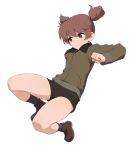  1girl alisa_(girls_und_panzer) bangs black_shorts brown_eyes brown_footwear brown_hair brown_jacket clenched_hand closed_mouth commentary frown girls_und_panzer grey_legwear hair_tie highres jacket jumping legs_up long_sleeves looking_to_the_side military military_uniform no_hair_ornament saunders_military_uniform shoes short_hair short_shorts short_twintails shorts socks solo twintails uniform wata_do_chinkuru 