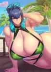  1girl beach bikini blue_hair breasts cleavage commentary_request covered_nipples curvy dated day eyebrows_visible_through_hair folded_ponytail gigantic_breasts gradient_hair green_bikini green_eyes hair_between_eyes hair_intakes highres looking_at_viewer lying multicolored_hair muscle muscular_female ocean on_side original outdoors palm_tree sand signature solo space_jin sweat swimsuit thick_thighs thighs tree updo veins veiny_breasts wet zoe_(space_jin) 