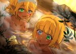  1boy 1girl aura_bella_fiora bangs blonde_hair blue_eyes brother_and_sister dark_elf dark_skin dutch_angle elf eyebrows_visible_through_hair green_eyes hair_between_eyes heterochromia mare_bello_fiore overlord_(maruyama) partially_submerged pointy_ears poppu short_hair siblings towel towel_on_head upper_body 