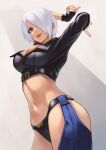  1girl absurdres angel_(kof) arms_behind_head arms_up blue_eyes bra breasts chaps cropped_jacket fingerless_gloves gloves hair_over_one_eye hara_kenshi highres jacket large_breasts leather leather_jacket looking_at_viewer navel snk solo stomach strapless strapless_bra the_king_of_fighters the_king_of_fighters_2001 the_king_of_fighters_xiv toned tongue tongue_out underwear white_hair 