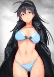  1girl alternate_breast_size bangs bikini black_coat black_hair blue_bikini blue_eyes coat eyebrows_visible_through_hair ganaha_hibiki grey_background hair_between_eyes hands_in_pockets head_tilt highres idolmaster idolmaster_(classic) long_hair looking_at_viewer momo_no_suidou-sui navel open_clothes open_coat ponytail solo stomach swimsuit 