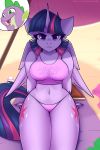  2020 2:3 anthro beach beach_umbrella bikini book breasts clothed clothing cutie_mark digital_media_(artwork) equid eyelashes female female_focus friendship_is_magic hair hasbro hi_res horn looking_at_viewer mammal multicolored_hair multicolored_tail my_little_pony navel purple_eyes seaside shadowreindeer solo_focus spike_(mlp) swimwear text text_on_clothing twilight_sparkle_(mlp) winged_unicorn wings 