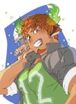  1boy animal_ears bangs bara brown_hair chest darlton facial_hair forked_eyebrows glowing_horns goatee headwear_removed helmet helmet_removed horns male_focus manly muscle rugby_uniform short_hair sideburns smile solo sportswear thick_eyebrows tokyo_houkago_summoners upper_body wakan_tanka 