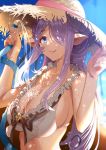  1girl arms_up bare_shoulders bikini blue_eyes braid breasts cleavage collarbone draph frills granblue_fantasy hair_over_one_eye hat heart heart-shaped_pupils highres horns hose large_breasts lock long_hair looking_at_viewer narmaya_(granblue_fantasy) nishitaka pointy_ears purple_hair ribbon-trimmed_headwear ribbon_trim sideboob skindentation sky smile solo straw_hat swimsuit symbol-shaped_pupils upper_body very_long_hair water wet white_bikini 