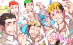  6+boys ^_^ bara black_hair blonde_hair blush character_request chest closed_eyes eyewear_removed facial_hair green_eyes green_hair happy highres horned_mask horns jiraiya_(tokyo_houkago_summoners) kuro_(shiranui) laughing multicolored_hair multiple_boys no_pupils pectorals pollux_(tokyo_houkago_summoners) red_hair shuten_douji_(tokyo_houkago_summoners) smile stubble taurus_mask teeth tokyo_houkago_summoners upper_body waving white_hair zabaniya_(tokyo_houkago_summoners) 