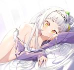  1girl absurdres bangs blunt_bangs blush breasts cleavage hair_bun hair_ornament highres hololive long_hair long_sleeves looking_at_viewer lying murasaki_shion on_side one_side_up purple_sweater silver_hair small_breasts solo strap_slip sweater syhan thighs virtual_youtuber yellow_eyes 