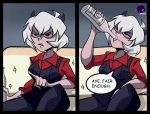  1girl 2panels absurdres alcohol black_horns bottle couch crossover demon_girl demon_horns drinking drunk english_text frank_araya helltaker highres horns malina_(helltaker) parody red_eyes red_shirt shirt speech_bubble team_fortress_2 vodka waistcoat white_hair 