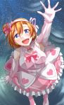  1girl arm_up blue_eyes blush bokutachi_wa_hitotsu_no_hikari boots breasts commentary_request dress earrings elbow_gloves facing_viewer from_above gloves highres jewelry kousaka_honoka looking_at_viewer love_live! love_live!_school_idol_project medium_breasts open_mouth orange_hair pink_dress pink_footwear pink_gloves reaching_out sakuma_shiiya short_hair side_bun smile solo translation_request 