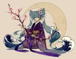  flowers green_eyes green_hair hatsune_miku japanese_clothes kazenemuri kimono long_hair moon ribbons twintails vocaloid water 