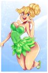  big_breasts blonde_hair blue_eyes breasts cleavage clothed clothing curvaceous curvy_figure disney dress fairy female flirting footwear hair hi_res humanoid humanoid_pointy_ears moxaji open_mouth shoes tinkerbell voluptuous 