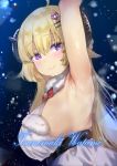  1girl animal_ears arm_up armpits blonde_hair blush breasts character_name dutch_angle eyebrows_visible_through_hair from_side hair_ornament hairclip highres hololive horns large_breasts long_hair looking_at_viewer panbai purple_eyes sideboob snowing solo tsunomaki_watame underbust virtual_youtuber 