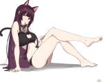  1girl absurdres animal_ears bangs bare_shoulders barefoot bell bell_collar blunt_bangs blush breasts cat_cutout cat_ears cat_lingerie cat_tail choker cleavage collar crossed_legs eyebrows_visible_through_hair feet foot_up girls_frontline hand_on_own_leg highres jingle_bell large_breasts legs lingerie long_hair looking_at_viewer meme_attire purple_hair red_eyes shadow sitting solo tail tamago_(eva1314056) thighs toes underwear very_long_hair wa2000_(girls_frontline) white_background 
