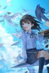  1girl :d bird black_ribbon black_skirt blue_sky brown_hair cloud commentary day digital_media_player earbuds earphones envelope feet_out_of_frame highres kneehighs luggage open_mouth original outdoors oyuyu paper_airplane photo_(object) ribbon school_uniform shirt sitting skirt sky smile white_shirt 