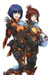  2girls barcode barcode_tattoo blue_eyes blue_hair breasts brown_eyes brown_hair commentary commentary_request helmet highres kotone_a looking_at_viewer military multiple_girls simple_background smile tactical_clothes tattoo titanfall titanfall_2 waving 