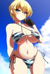 1girl arm_behind_back bangs bikini black_gloves blonde_hair blue_eyes blush breasts cleavage commentary_request criss-cross_halter eyebrows_visible_through_hair girls_frontline gloves halterneck highres large_breasts looking_at_viewer mole mole_under_eye navel sayossa_(pak-front) short_hair side-tie_bikini solo swimsuit thighs vsk-94_(girls_frontline) wet 