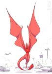  aircraft airplane airport anthro big_breasts breasts chiropteran conditional_dnp empty_eyes female flying fur jollyjack kaiju mammal membrane_(anatomy) membranous_wings red_body red_fur restricted_palette simple_background sky solo thick_thighs white_background white_eyes wings 