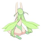  1girl arms_up ass backless_outfit bare_back black_souls fairy fairy_wings from_behind green_footwear green_hair green_leotard green_wings highres leaf_(black_souls) leotard long_hair maid_headdress ribbonsnek sitting solo straight_hair transparent_background very_long_hair wings 