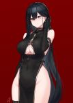  1girl arm_at_side bare_shoulders black_dress black_gloves black_hair blush breasts china_dress chinese_clothes cleavage cleavage_cutout closed_mouth commentary_request covered_navel cowboy_shot dress earrings elbow_gloves gloves groin hair_tucking hayabusa highres jewelry large_breasts long_hair looking_away looking_down mole mole_under_eye no_panties original pelvic_curtain purple_eyes red_background signature simple_background solo straight_hair thigh_strap thighs very_long_hair 