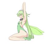  1girl :d armpits arms_up ass black_souls breasts chain fairy fairy_wings fang from_side furrowed_eyebrows green_eyes green_footwear green_hair green_leotard green_wings highres leaf_(black_souls) leotard long_hair maid_headdress open_mouth ribbonsnek ribs sideways_mouth small_breasts smile solo straight_hair strapless strapless_leotard transparent_background very_long_hair wings 