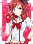  1girl black_headwear bokura_wa_ima_no_naka_de character_name commentary_request fingerless_gloves gloves hat looking_at_viewer love_live! love_live!_school_idol_project medium_hair mini_hat navel navel_cutout nishikino_maki puffy_short_sleeves puffy_sleeves purple_eyes red_gloves red_hair sakuma_shiiya shirt short_sleeves smile solo white_shirt 