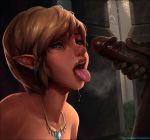  blue_eyes dark_skin duo ear_piercing ear_ring erection faceless_male genitals girly hi_res human humanoid humanoid_pointy_ears hylian jewelry link male male/male mammal necklace nintendo not_furry nude open_mouth penis piercing text the_legend_of_zelda tongue tongue_out url video_games yellowroom 