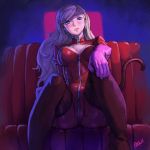  1girl ass blonde_hair blue_eyes blush boots breasts cat_tail cleavage couch fake_tail gloves hair_down hand_on_own_knee head_tilt highres latex ozkh6 parted_lips persona persona_5 purple_gloves red_footwear sitting smile solo tail takamaki_anne thigh_boots thighhighs 